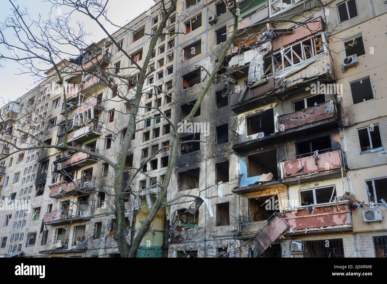 2022 Russian invasion of Ukraine bombed building destroyed Ukraine Russian aggression. Rocket bomb attack Russia against Ukraine war destruction Stock Photo