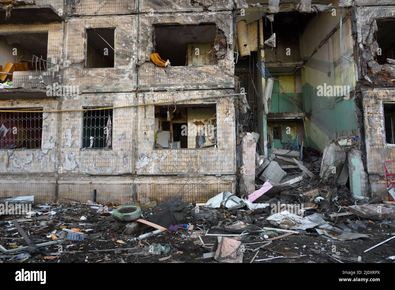 2022 Russian invasion of Ukraine bombed building destroyed Ukraine Russian aggression. Rocket bomb attack Russia against Ukraine war destruction Stock Photo