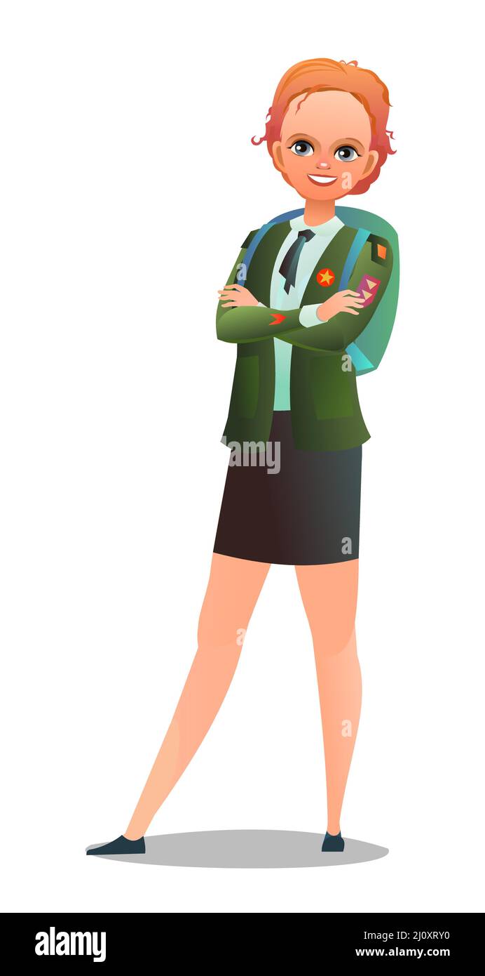 Pretty little girl in scout uniform with badges. Cheerful girl. Standing pose. Cartoon flat design in comic style. Single character. Illustration Stock Vector