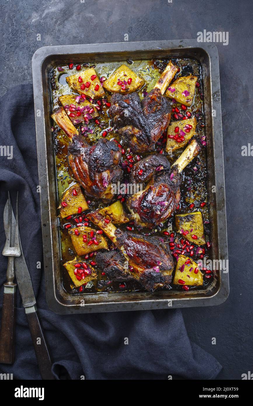 Traditional braised slow cooked Australian lamb shank with pineapple