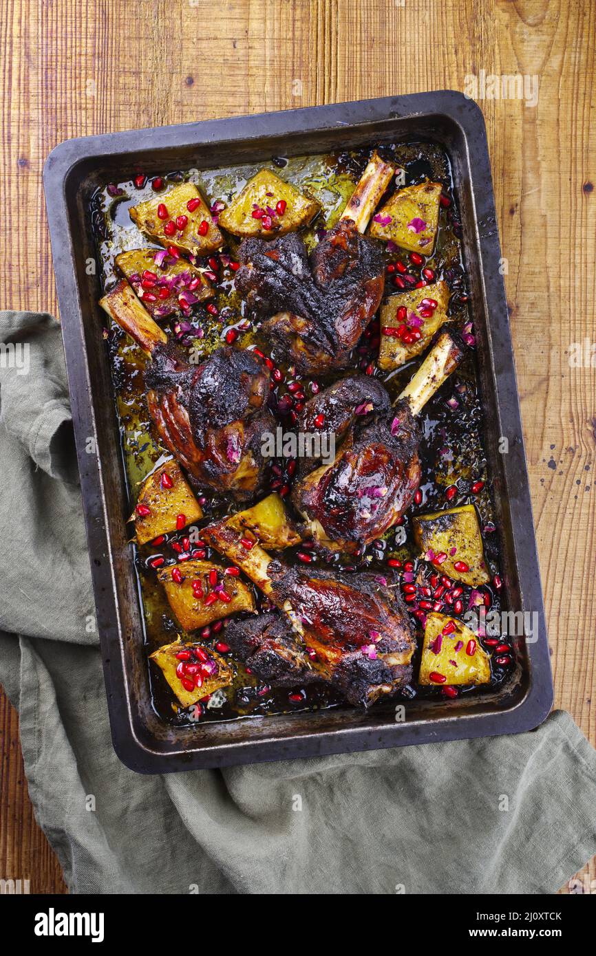 Traditional braised slow cooked Australian lamb shank with pineapple