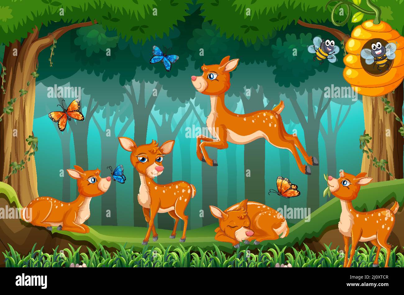 Forest scene with deers jumping illustration Stock Vector Image & Art ...