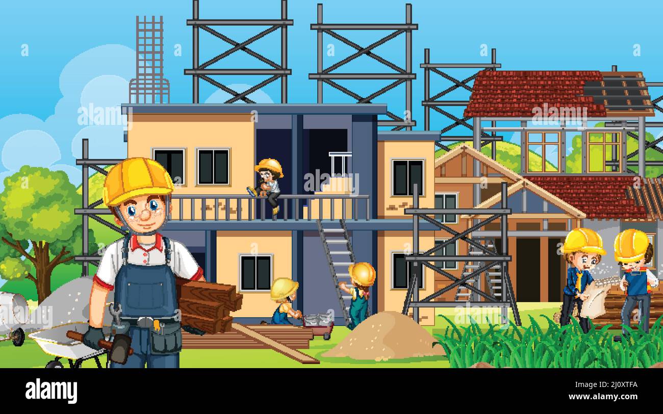 Building house construction site and workers illustration Stock Vector ...