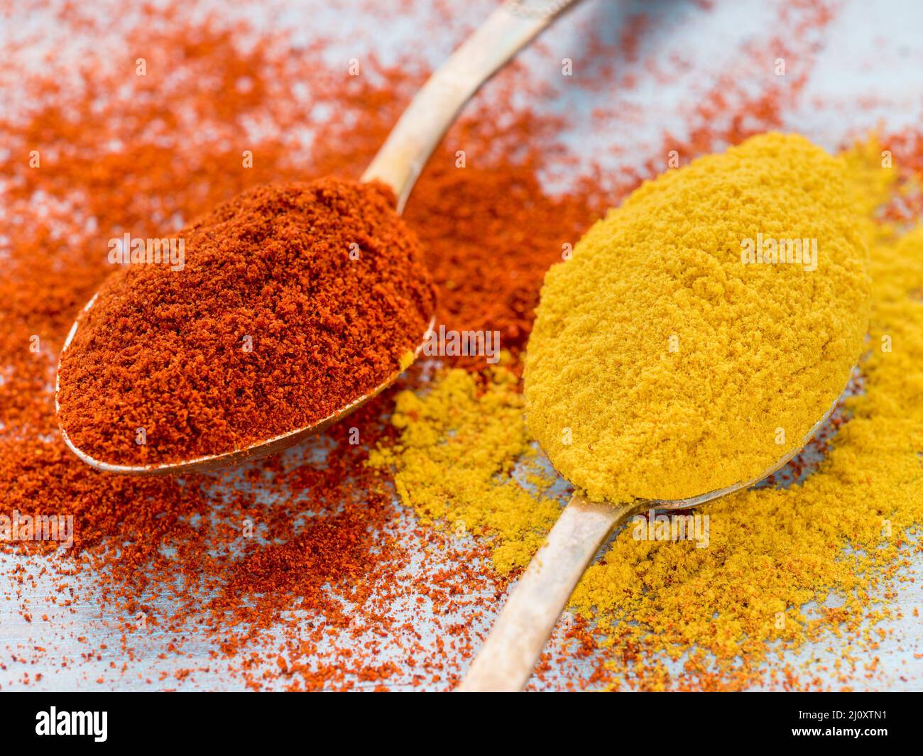 Two heaping scoops of spices of paprika powder and turmeric, curry