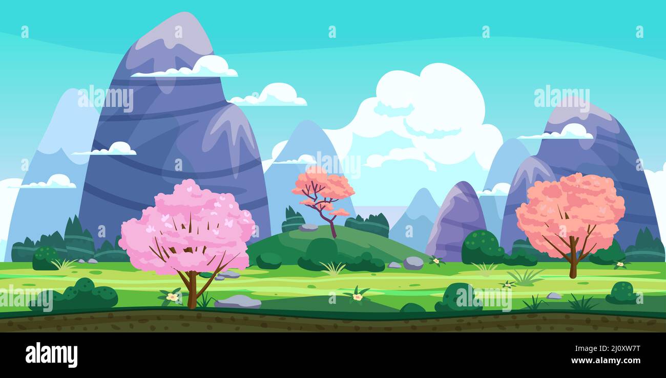 Fantasy landscape, green hills, blooming trees, spring, mountains, panorama. Vector cartoon background illustration Stock Vector Image & Art - Alamy Fantasy landscape, green hills, blooming trees, spring, mountains, panorama. Vector cartoon background illustration Stock Vector Image & Art - Alamy