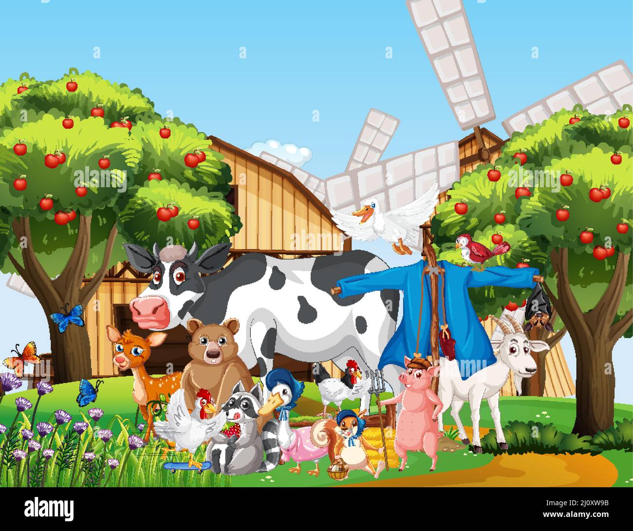 Farm scene with animals by the barn illustration Stock Vector Image ...