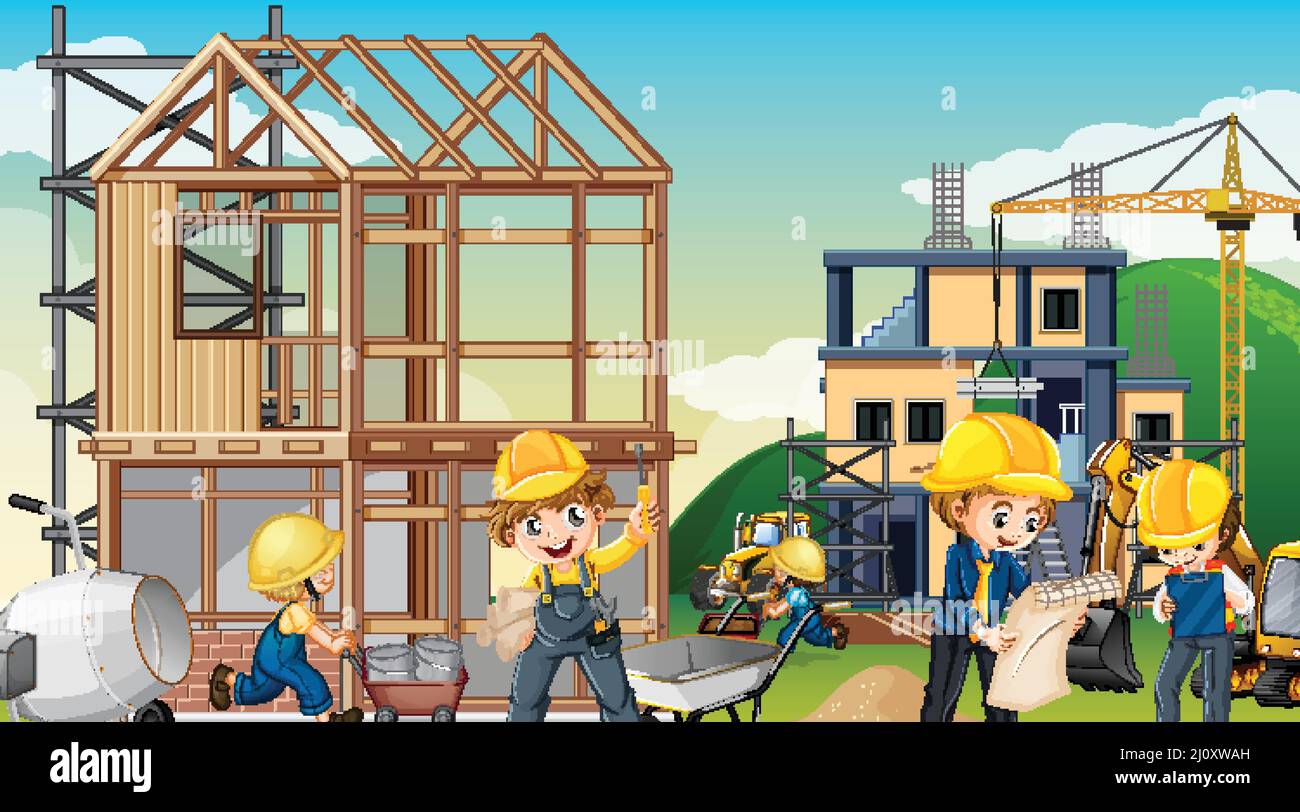 Building house construction site and workers illustration Stock Vector ...