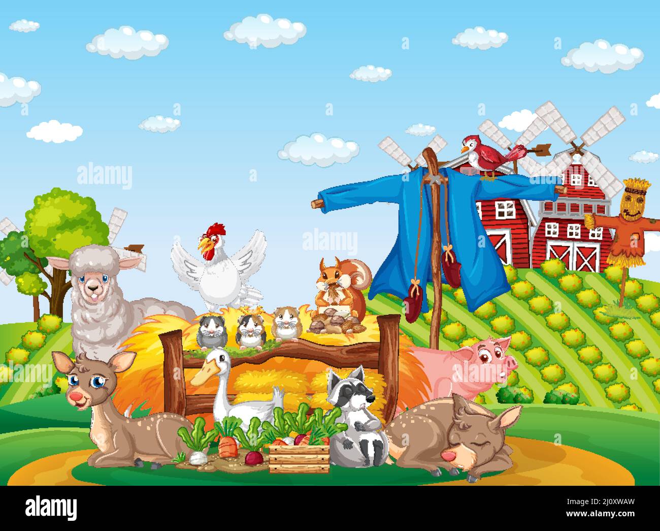 Farm scene many animals in the field illustration Stock Vector Image ...