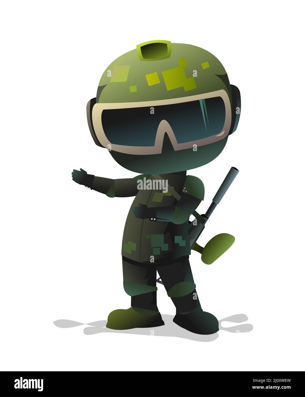 Warrior paintball player invites. Comic funny character. Helmet, mask
