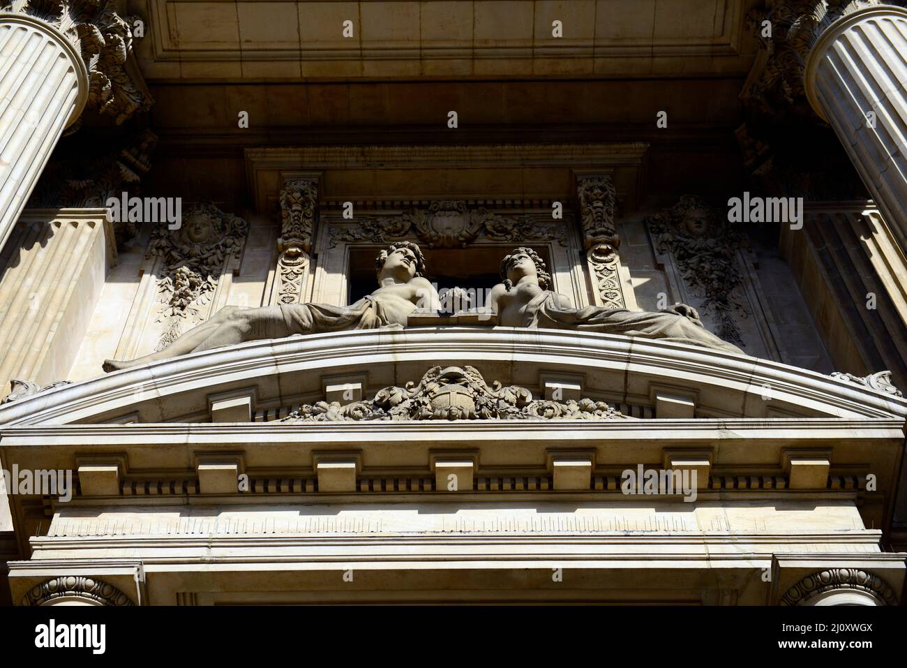 Prudence and Vigilance Sculpture on Bourse/Beurs or Brussels Stock Exchange in Belgium. Stock Photo