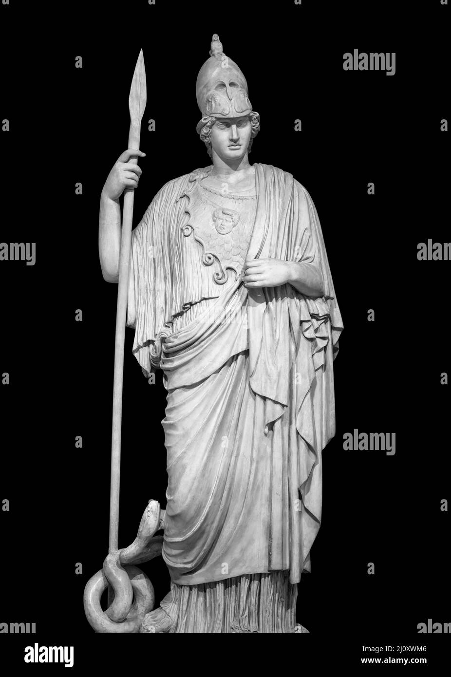 Ancient Greek Roman statue of goddess Athena god of wisdom and the arts historical sculpture isolated on black with clipping pat Stock Photo