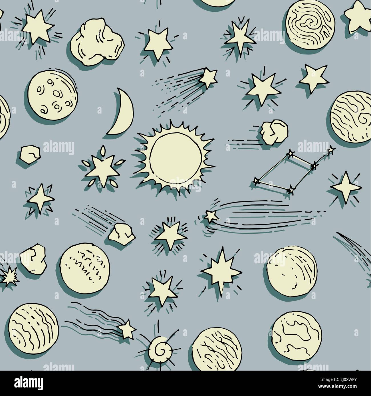 Grey space background. Seamless pattern. Planets and stars. Beautiful space object. Simple doodle drawing in childish style. Outline sketch. Hand Stock Vector