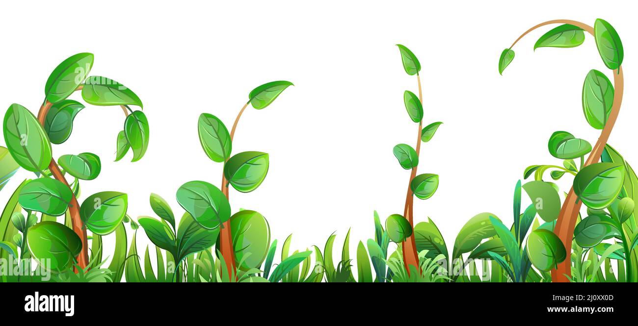 Shoots of young trees with foliage. Green meadow. Grass field. Beautiful summer landscape. Fun cartoon style. Cute nature scene. Isolated on white Stock Vector