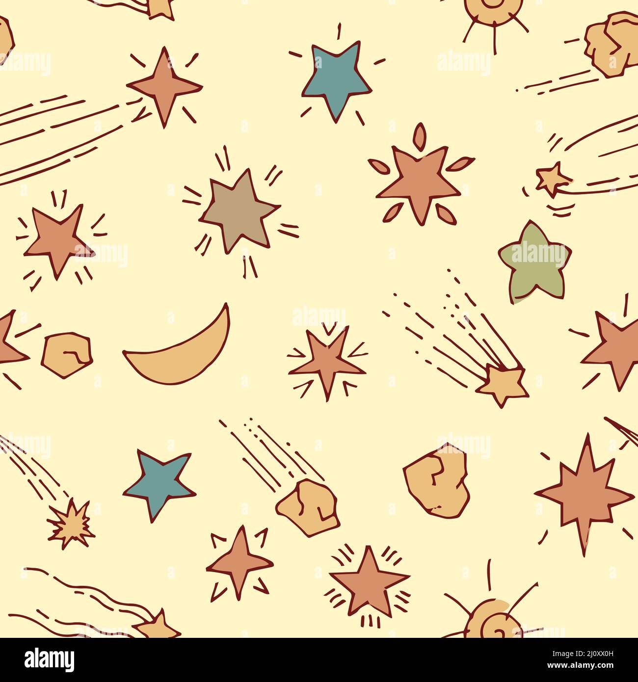 Space background. Seamless pattern. Planets and stars. Beautiful space object. Simple doodle drawing in childish style. Outline sketch. Hand drawing Stock Vector