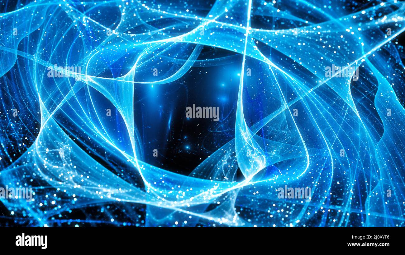 Blue glowing waves with particles in space, computer generated abstract ...