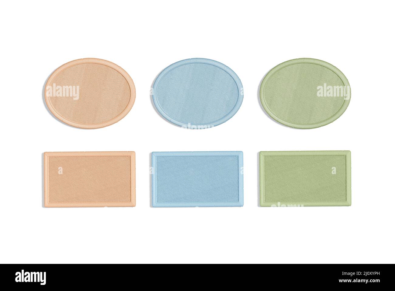 Blank colored round and rectangular embroidered patch mockup, top view ...