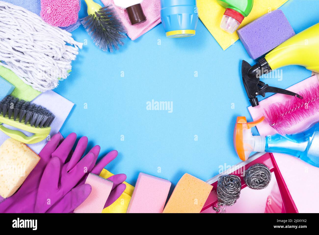 Housekeeping concept with cleaning products. High quality photo Stock