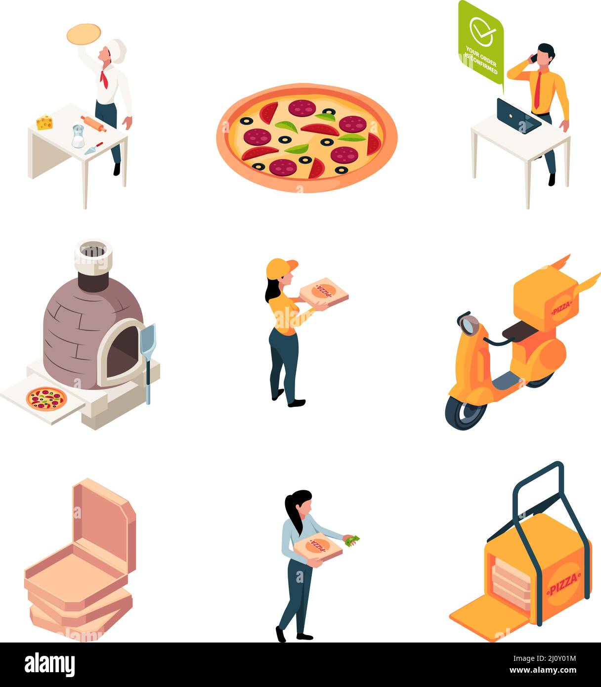 Pizza logistic. Food production and delivery service garish vector ...