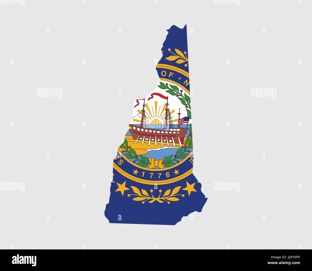 New Hampshire Map Flag. Map of NH, USA with the state flag. United States, America, American, United States of America, US State Banner. Vector illust Stock Vector