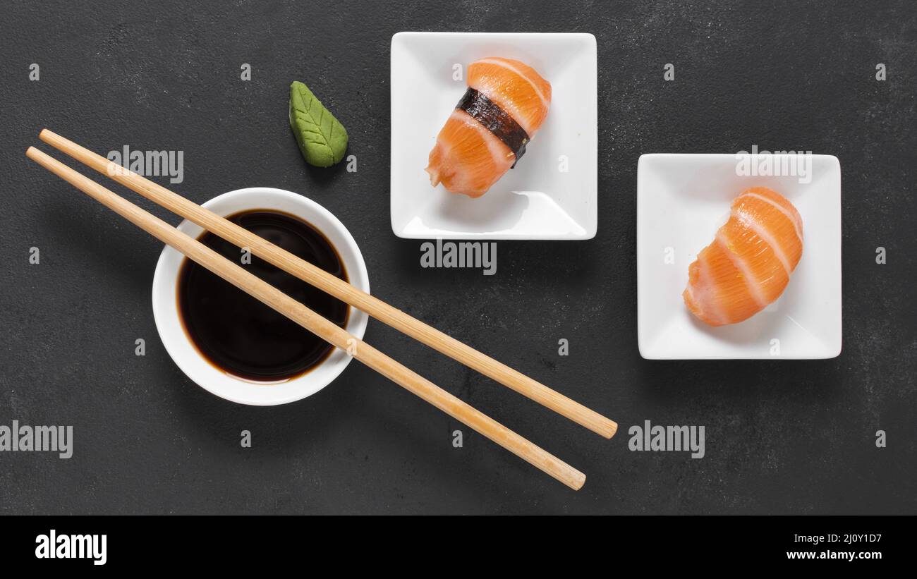 Top view small plates with sushi. High quality photo Stock Photo