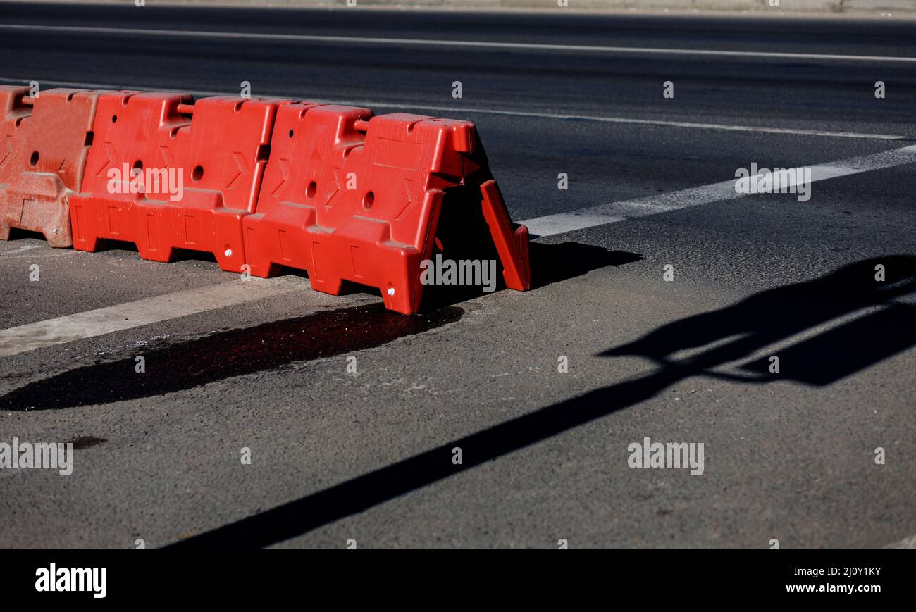 plastic barrier road curb. traffic safety on the roads Stock Photo