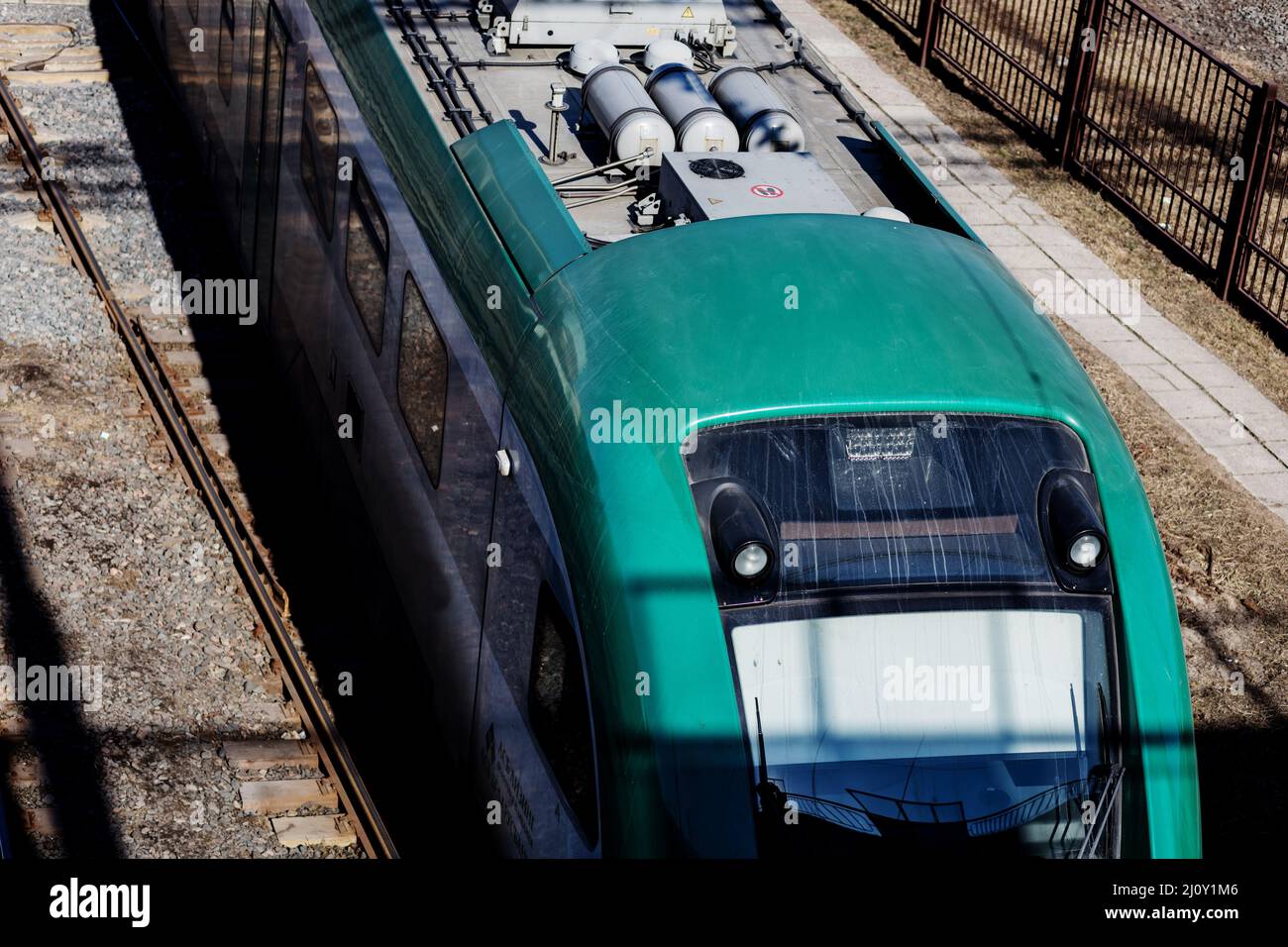Approaching high-speed train. top view. passenger transportation Stock