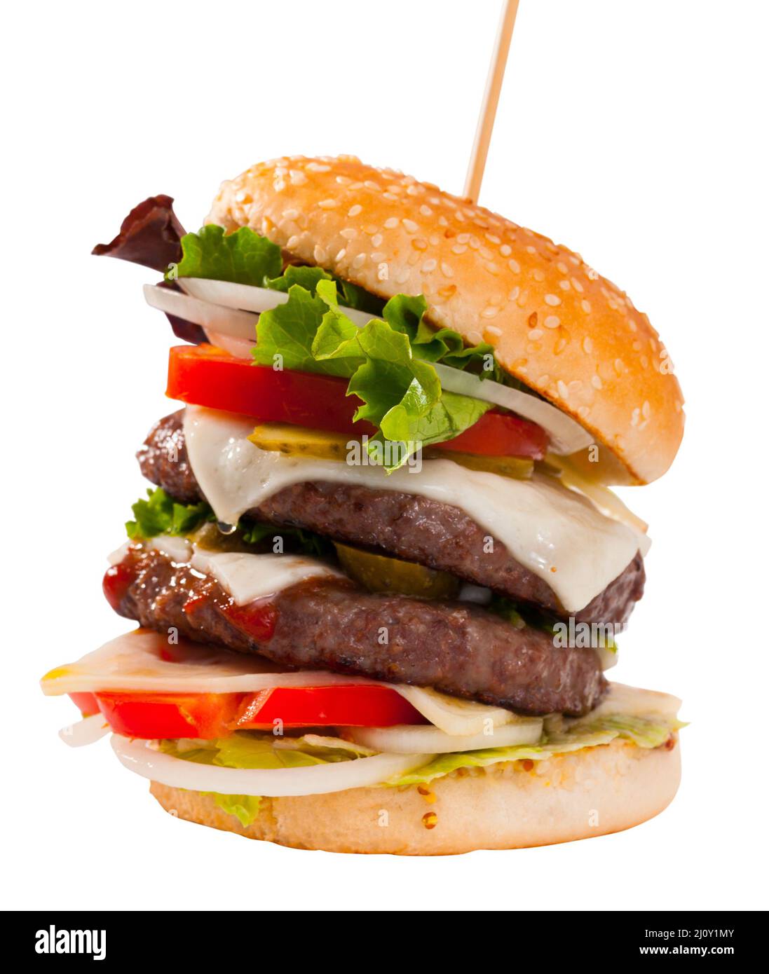 delicious double tasty hamburger with beef cutlet and vegetables Stock Photo