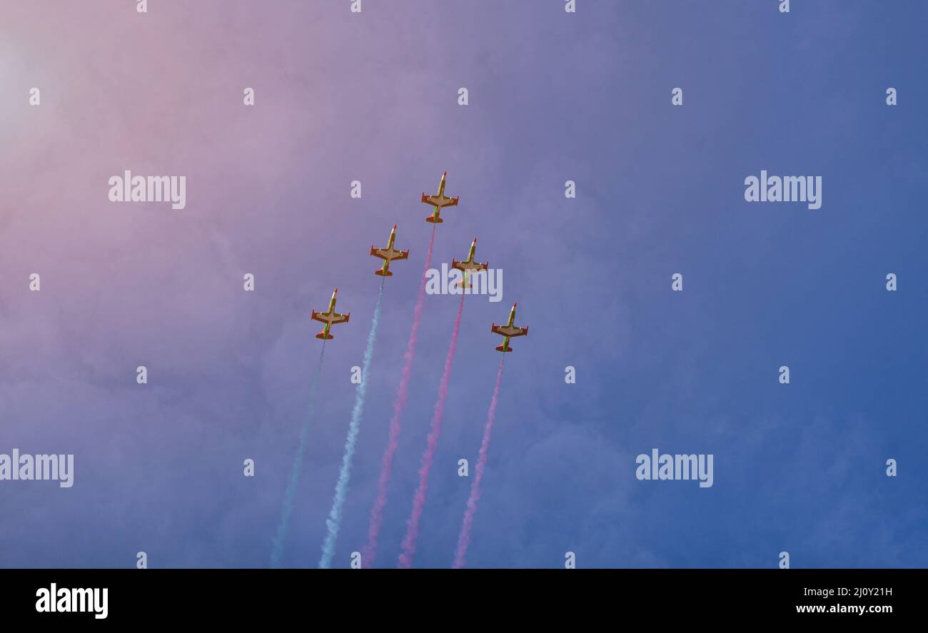 Flight of aircraft over the city, a group of fighters in the sky Stock ...