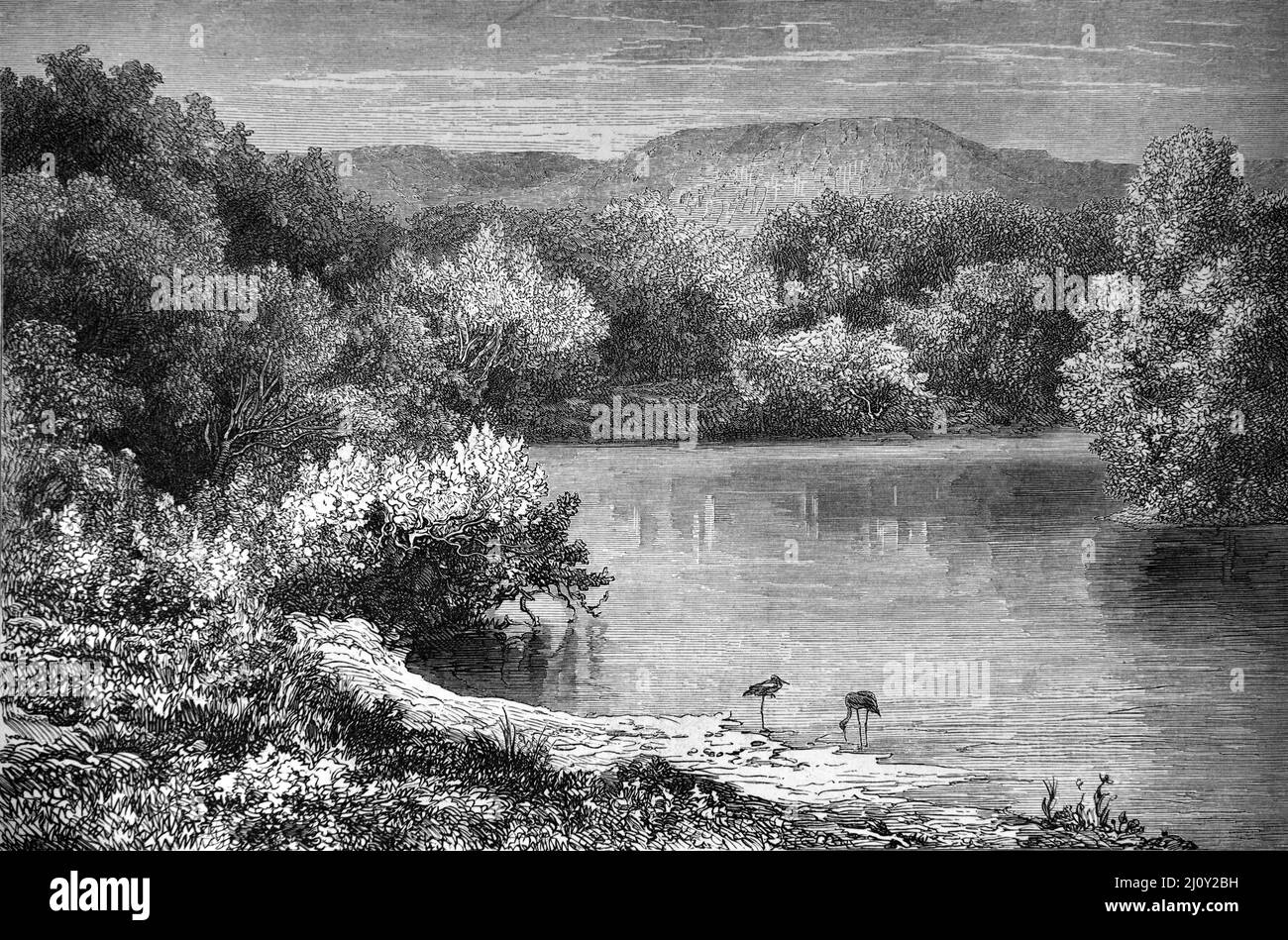 River Jordan or Jordan River Middle East.  Vintage Illustration or Engraving 1860. Stock Photo