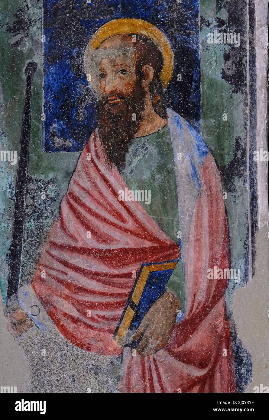 Saint Paul the Apostle, holding a sword and a book, in 1400s Piedmontese Late Gothic fresco cycle.  Immediately below quadripartite ceiling vault in the church of the former Franciscan convent of San Francesco at Susa, Piedmont, Italy. Stock Photo
