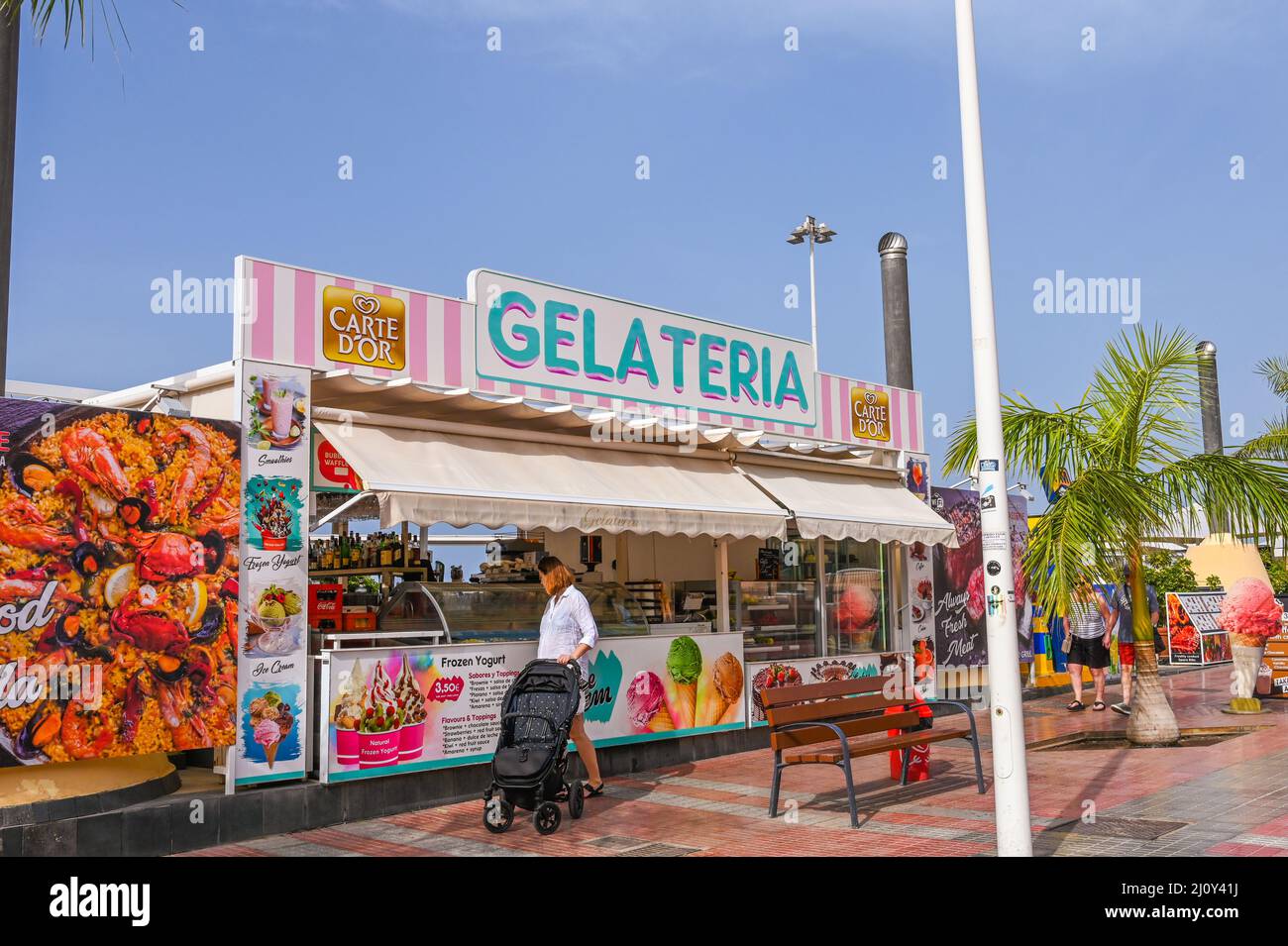 A Gelateria stall adjacent to the promenade running parallel with the beach in Costa Adeje Stock Photo