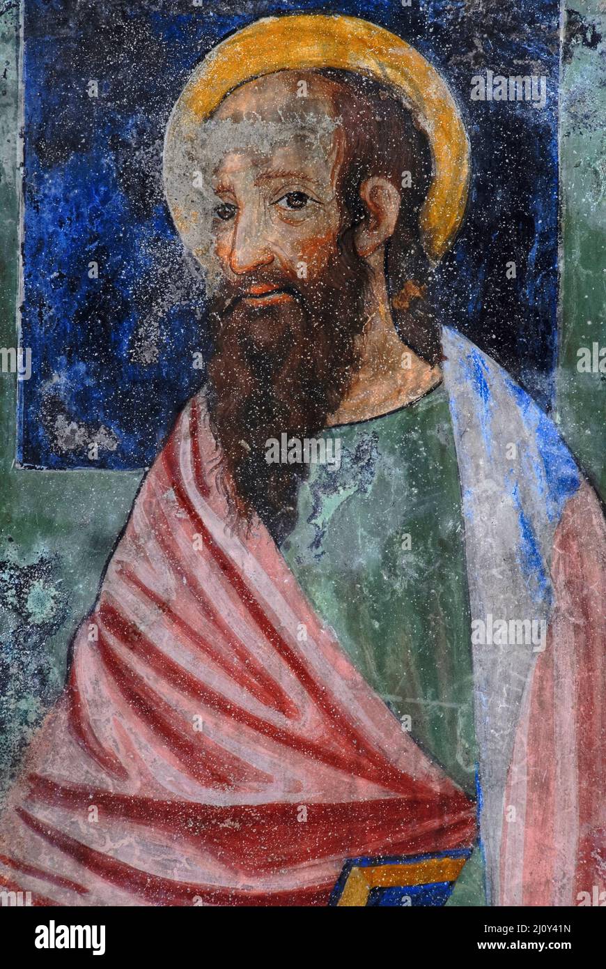Saint Paul the Apostle in 1400s Piedmontese Late Gothic fresco cycle.  Immediately below quadripartite ceiling vault in the church of the former Franciscan convent of San Francesco at Susa, Piedmont, Italy. Stock Photo
