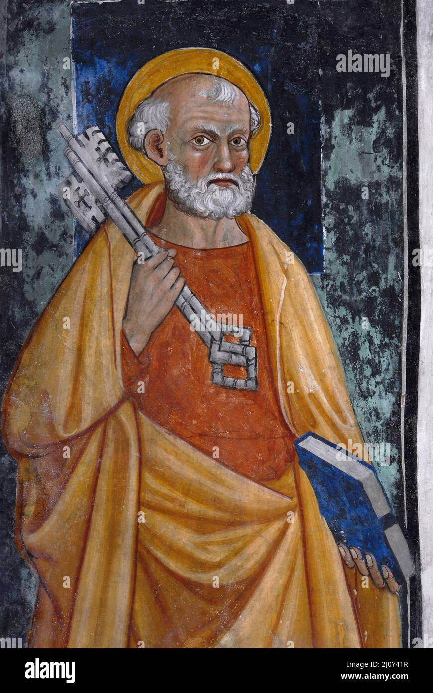 White-haired St Peter holds the keys to the Kingdom of Heaven in 1400s Piedmontese Late Gothic fresco cycle.  Immediately below quadripartite ceiling vault in the church of the former Franciscan convent of San Francesco at Susa, Piedmont, Italy. Stock Photo