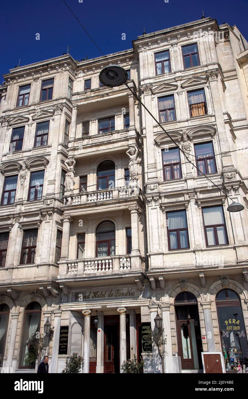The 19thC Grand Hotel de Londres, Beyoglu, Istanbul. Stock Photo