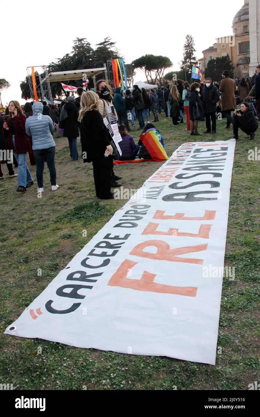 21st March 2022 Freedom for Julian Assange at the Sit in for peace in San Giovanni Square, Rome Italy Stock Photo