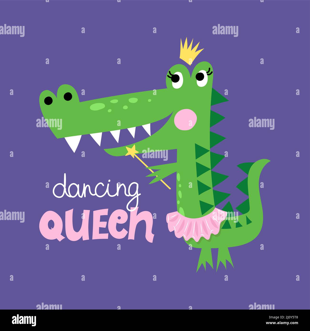 dancing queen - funny hand drawn doodle, cartoon crocodile. Good for Poster or t-shirt textile graphic design. Vector hand drawn illustration. Crocodi Stock Vector