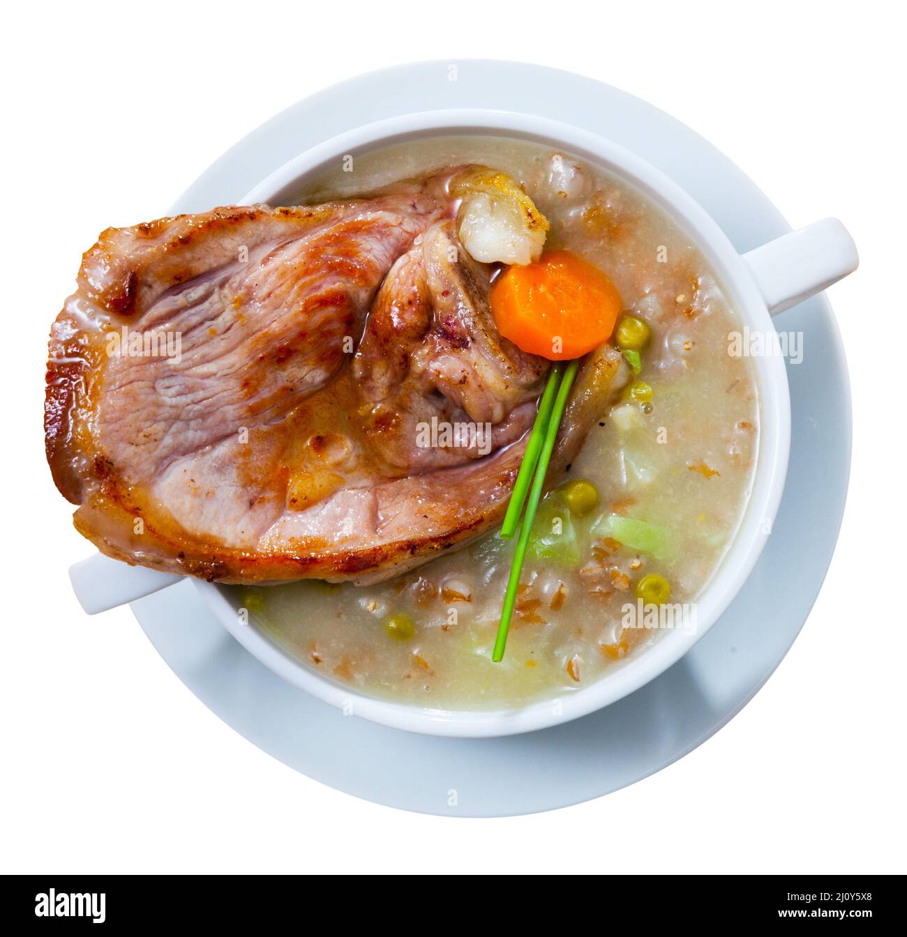Scotch broth with barley, lamb, vegetables and peas Stock Photo