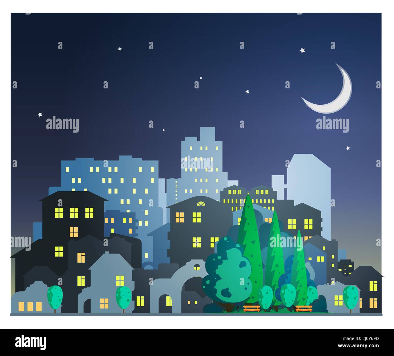 Evening city in a flat style, silhouettes of houses with light in the windows, a trees and benches in a city park, the dark blue sky, moon and stars Stock Vector