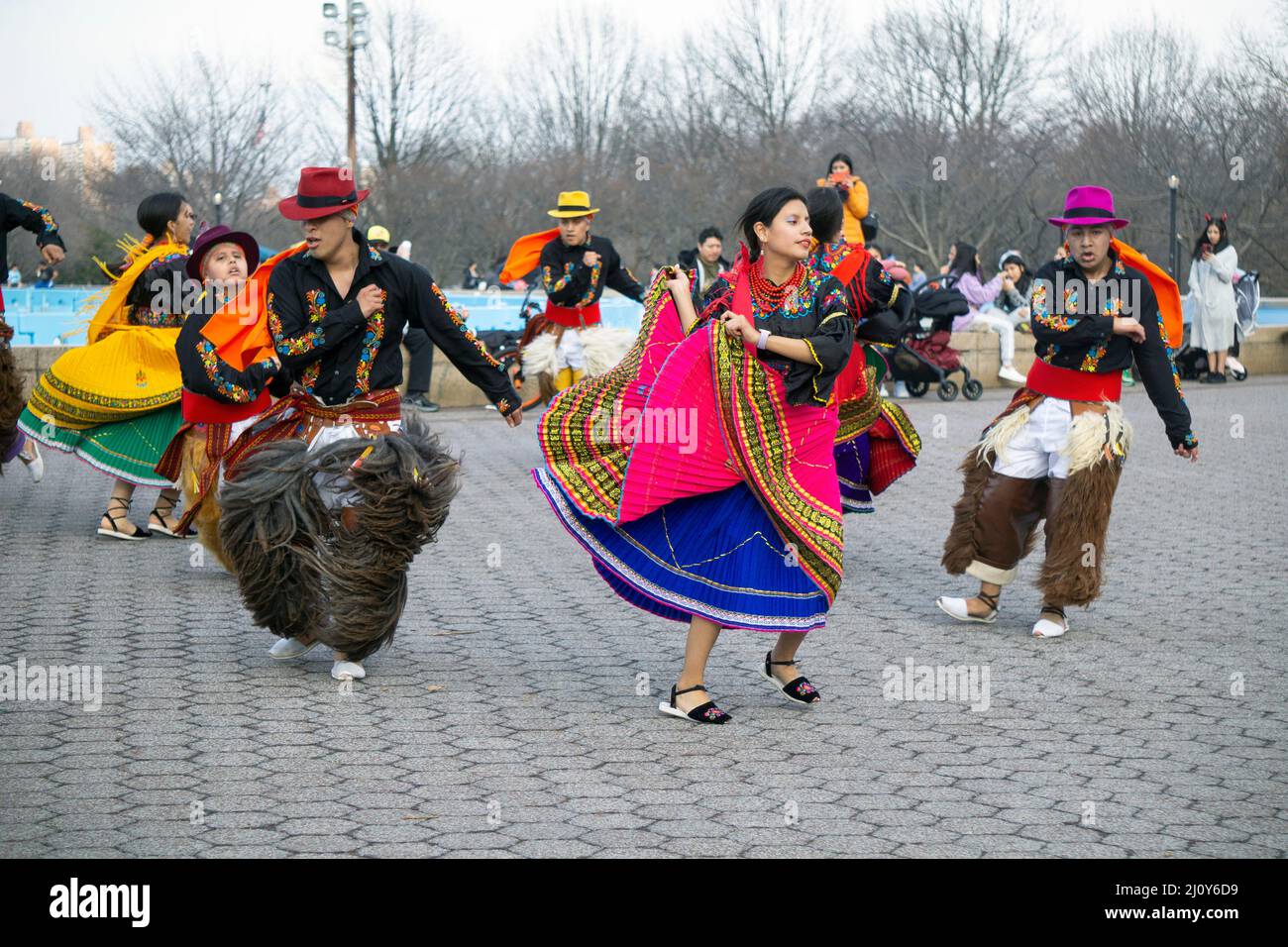 Dancers from Jatary Muzhucuna, an Ecuadorian American music & dance troupe, performs in Flushing Meadows in Queens, New York City. Stock Photo