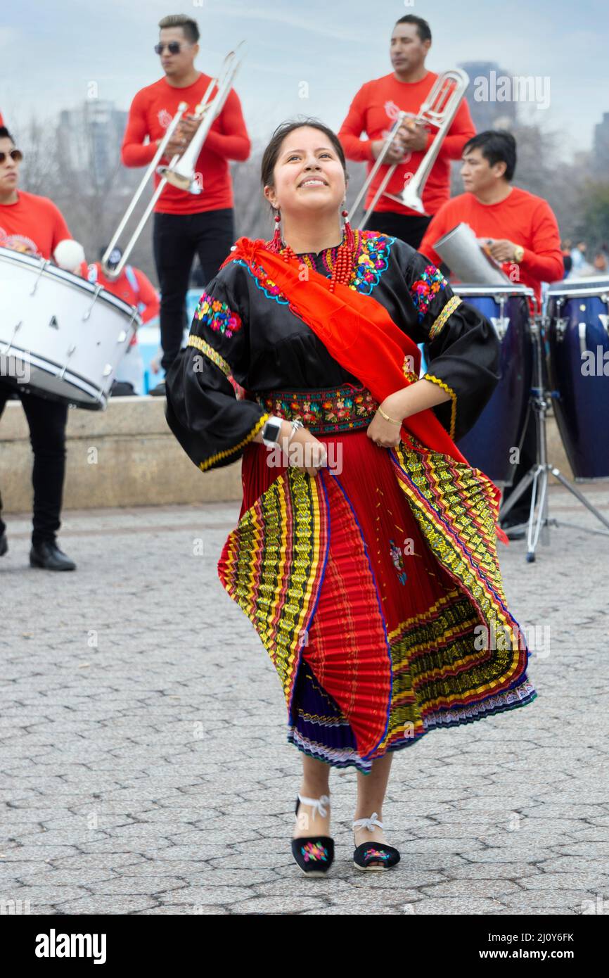 A dancer from Jatary Muzhucuna, an Ecuadorian American music & dance troupe, performs in Flushing Meadows in Queens, New York City. Stock Photo