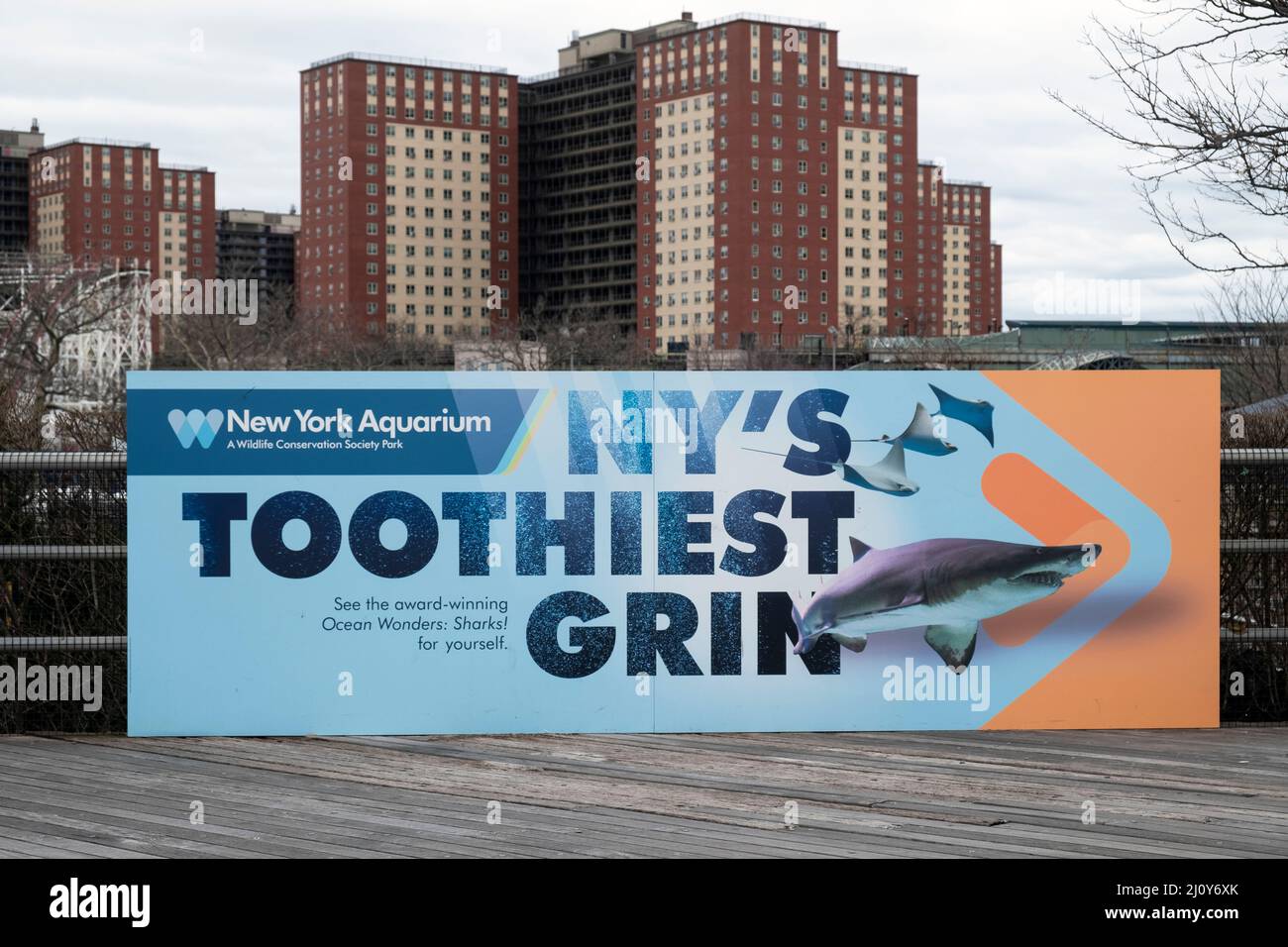 A large whimsical sign on the Coney Island's Riegelmann Boardwalk encouraging people to visit the New York Aquarium and see the sharks. Brooklyn, NYC. Stock Photo
