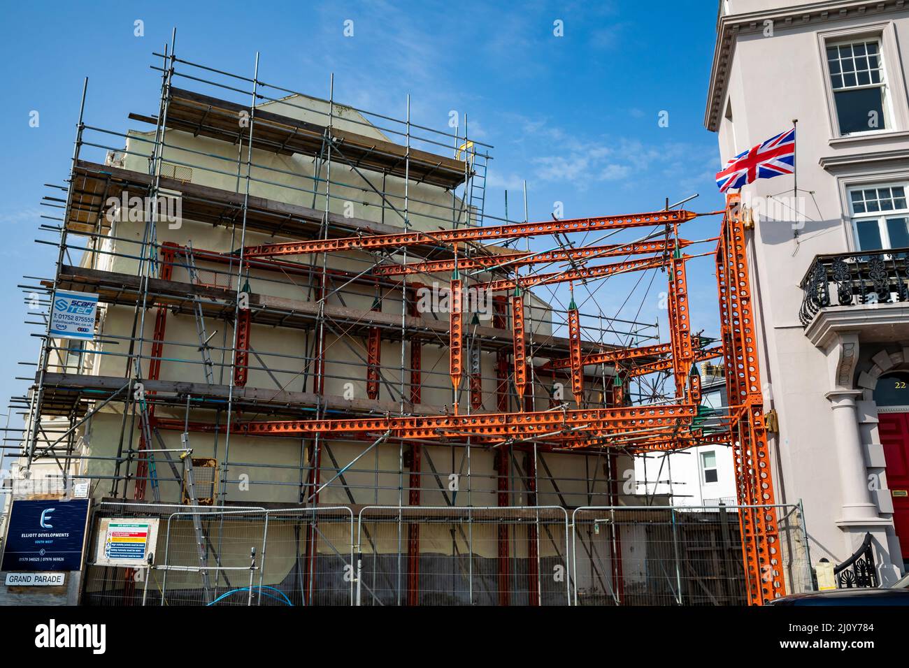 Scaffolding between buildings in Plymouth Hoe, Devon,UK Stock Photo Alamy