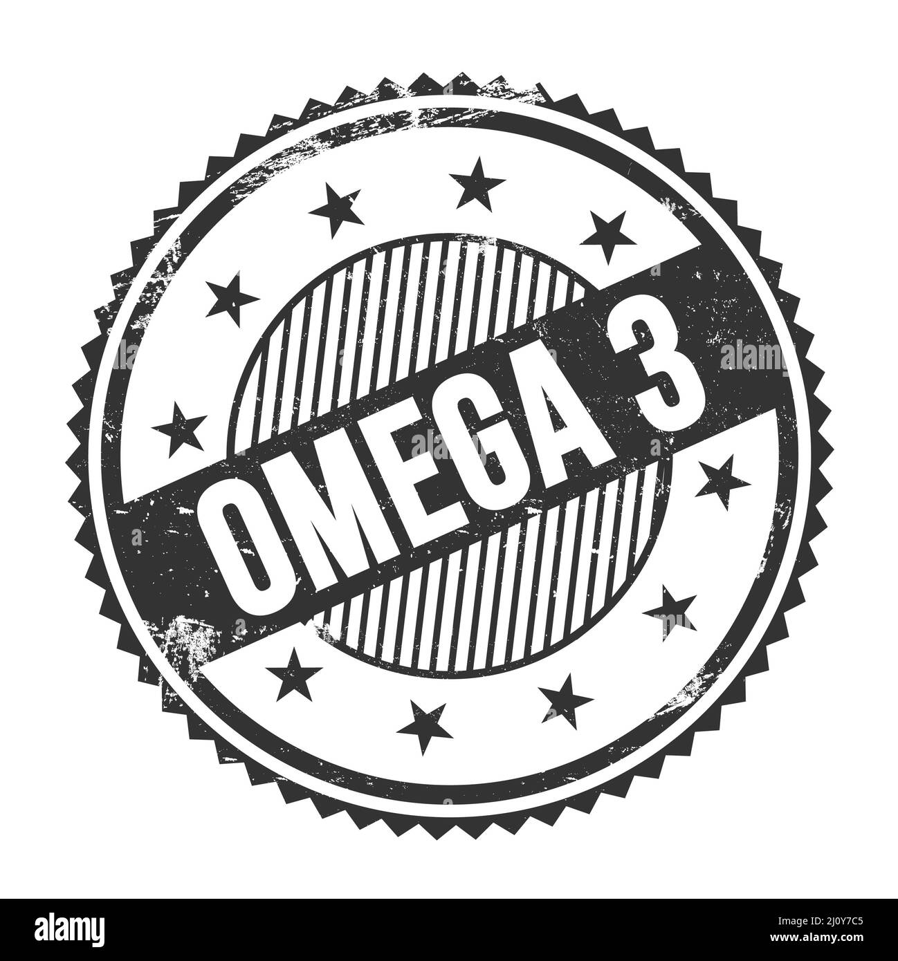 OMEGA 3 text written on black grungy zig zag borders round stamp. Stock Photo