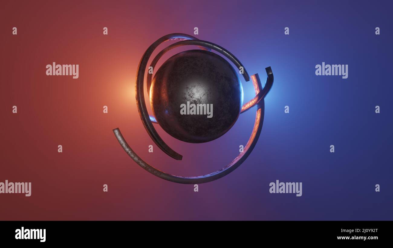 3d Render. Sci-fi object with glowing energy at center. Rotation metal ...