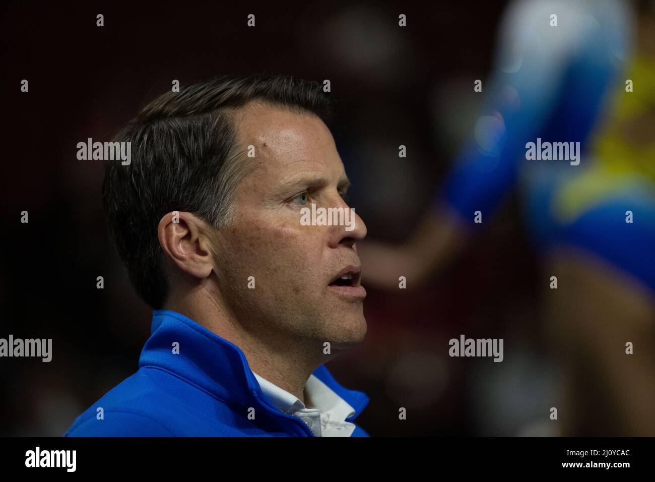 March 19, 2022: UCLA gymnastics coach Chris Waller observes competition during the Pac-12 Women's Gymnastics Championships. Melissa J. Perenson/CSM Stock Photo