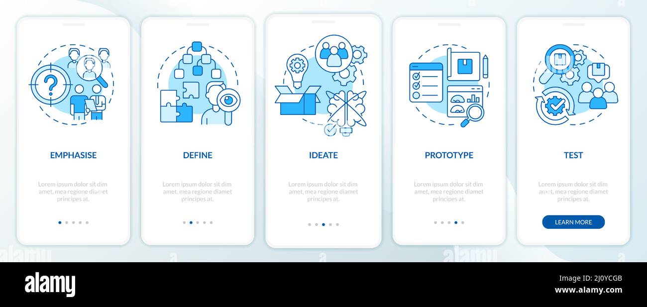 Design thinking process blue onboarding mobile app screen Stock Vector ...