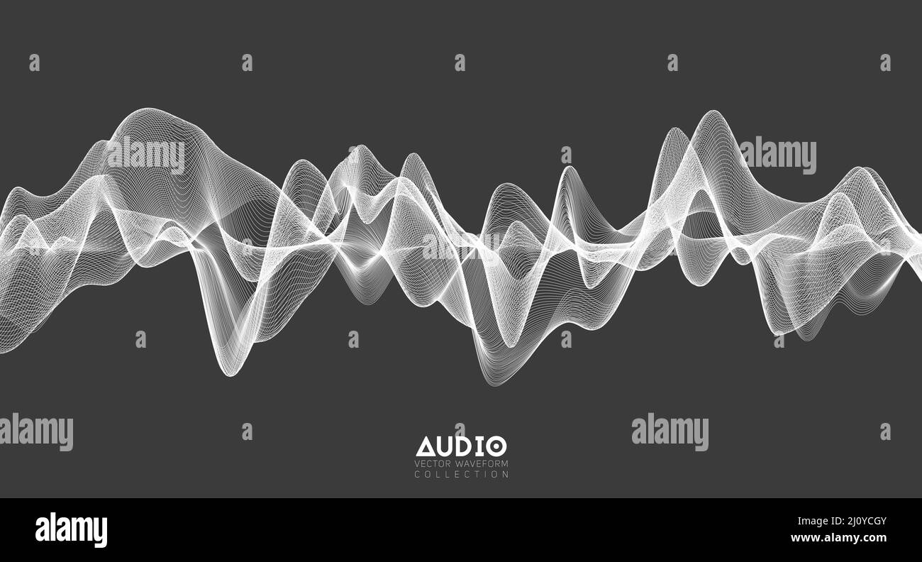 3d audio soundwave. White music pulse oscillation. Glowing impulse pattern Stock Vector