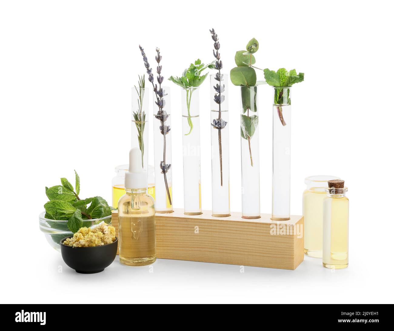 Test tubes with natural essential oils on white background Stock Photo