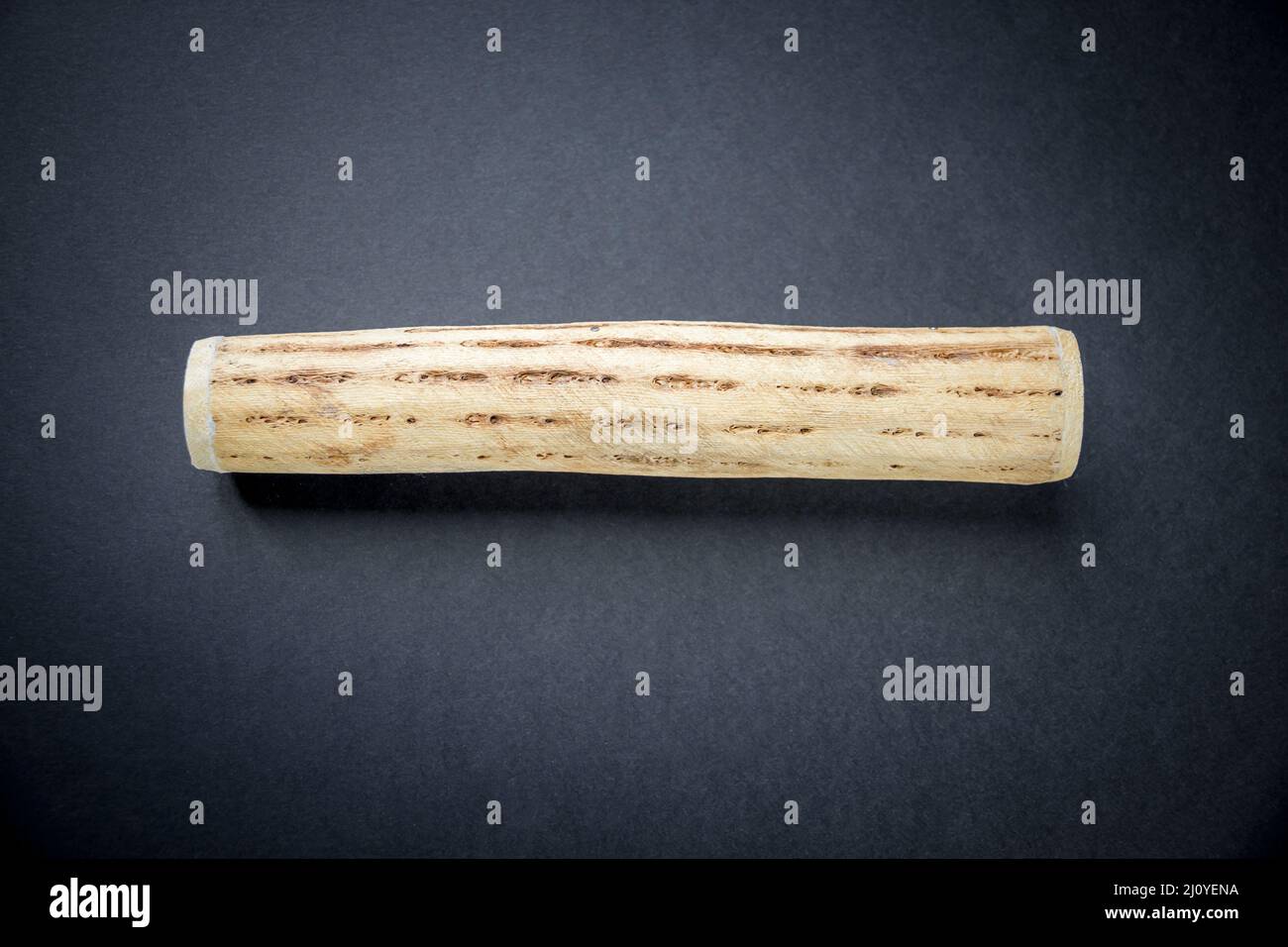 Traditional rain stick made of cactus wood isolated on black background