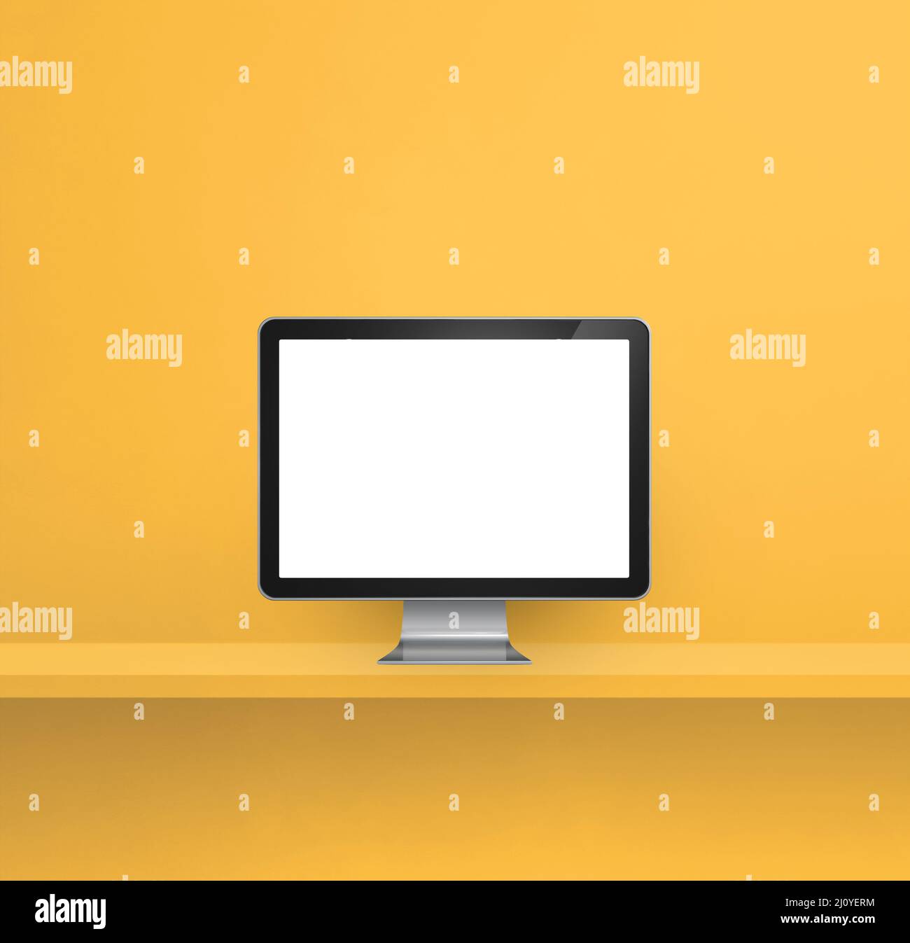 Computer pc - yellow wall shelf background. 3D Illustration Stock Photo ...